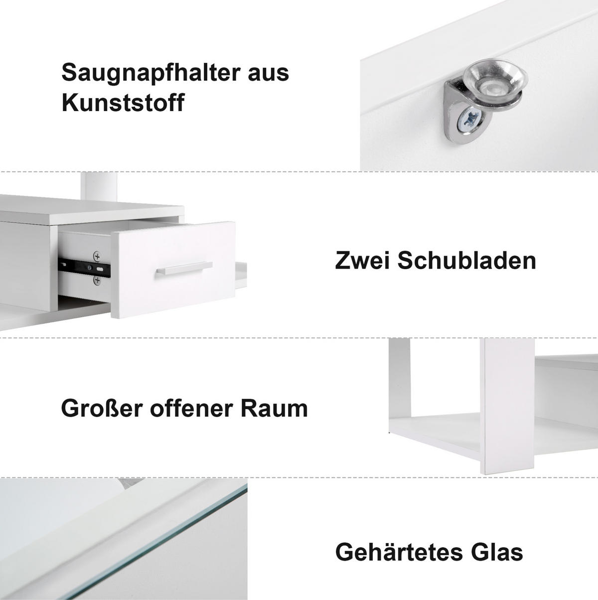 COUCHTISCH aus Spanplatte 100x50x40 cm Weiß mit Glasplatte, 2 Schubladen und offenem Stauraum - Weiß, Holzwerkstoff (100/50/40cm) - Modfu