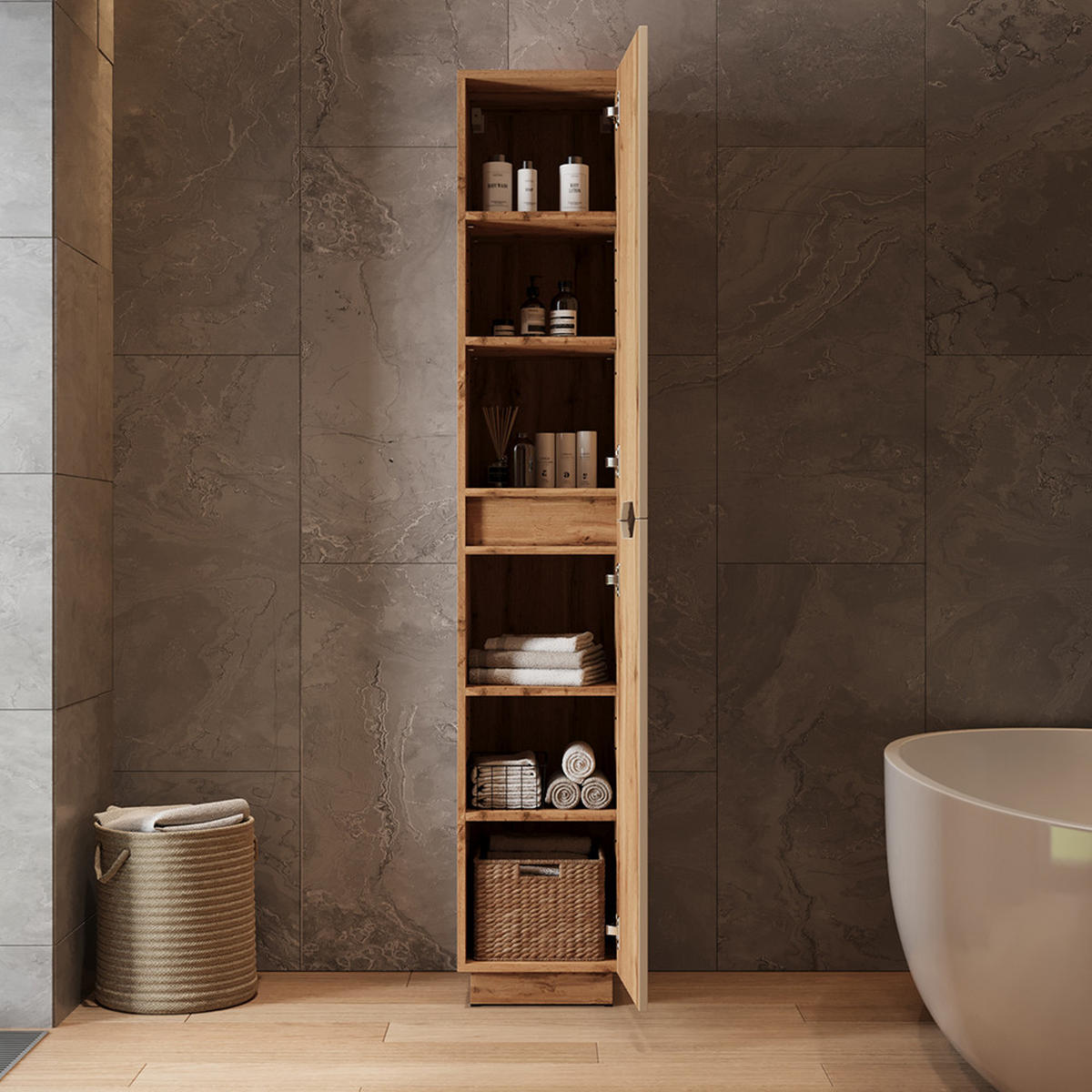 BADSCHRANK Lotta Eiche/Kaschmir gestreift 33 x 186 cm mit 2 Türen - Kaschmir/Eichefarben, Holzwerkstoff (33/186/35cm) - Vicco