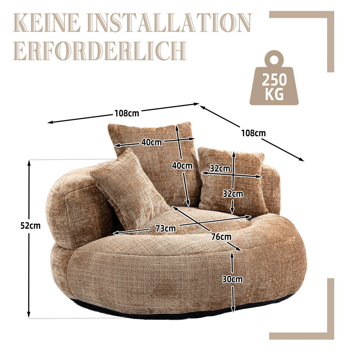SITZSACK mit Armlehnen 108 x 108 x 52 cm Chenille Coffee - Braun, Kunststoff (108/52/108cm) - Beauniv
