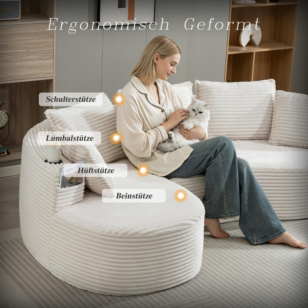 ECKSOFA Cord Beige mit Becherhaltern, Seitentaschen und Kissen - Beige, Textil (250/152cm) - WISHDOR