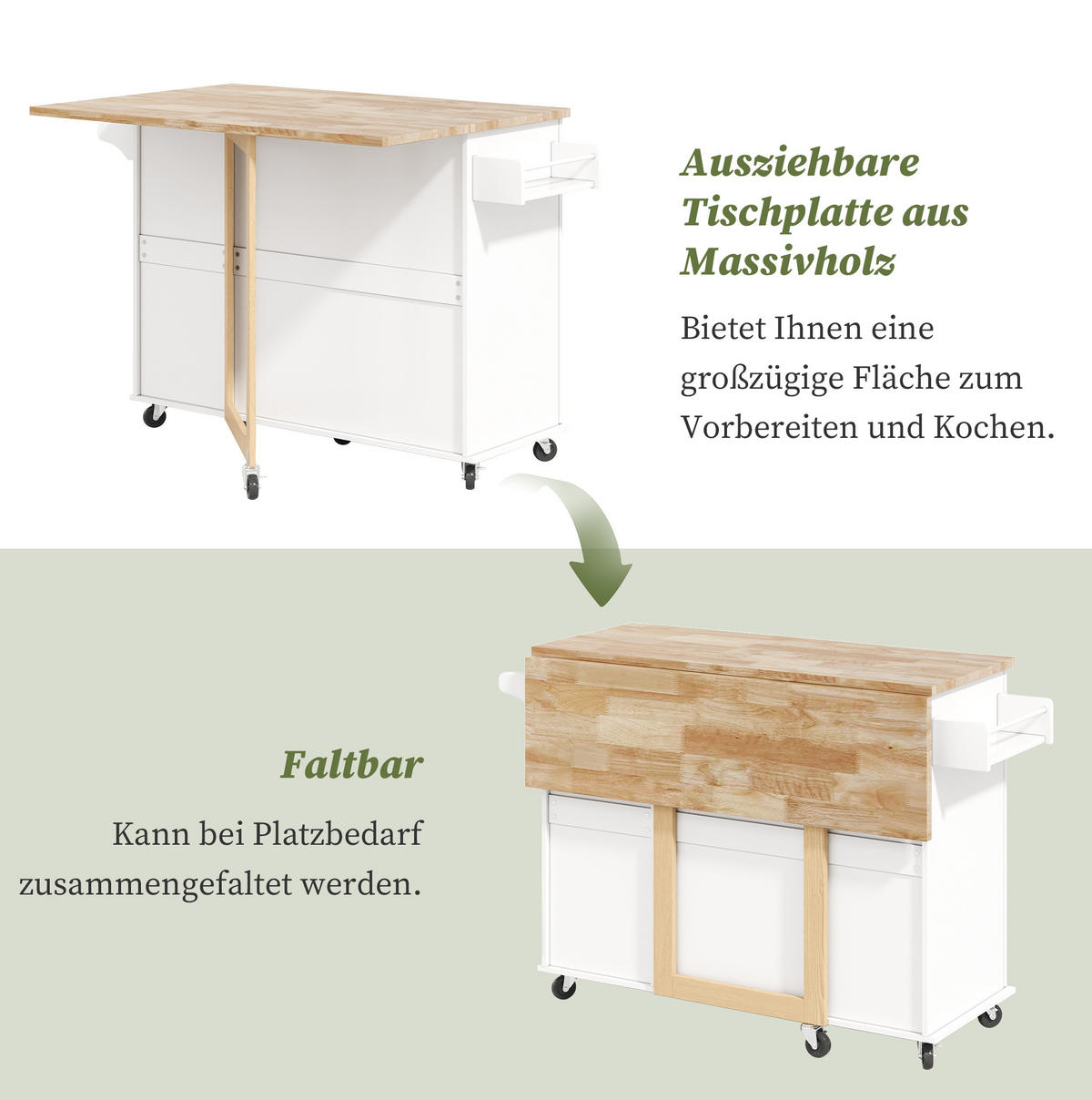 KÜCHENINSEL 137x76x92cm Weiß mit Klappplatte, Schrank, 3 Schubladen & Rollen - Weiß, Holzwerkstoff (137/92/76cm) - Modfu