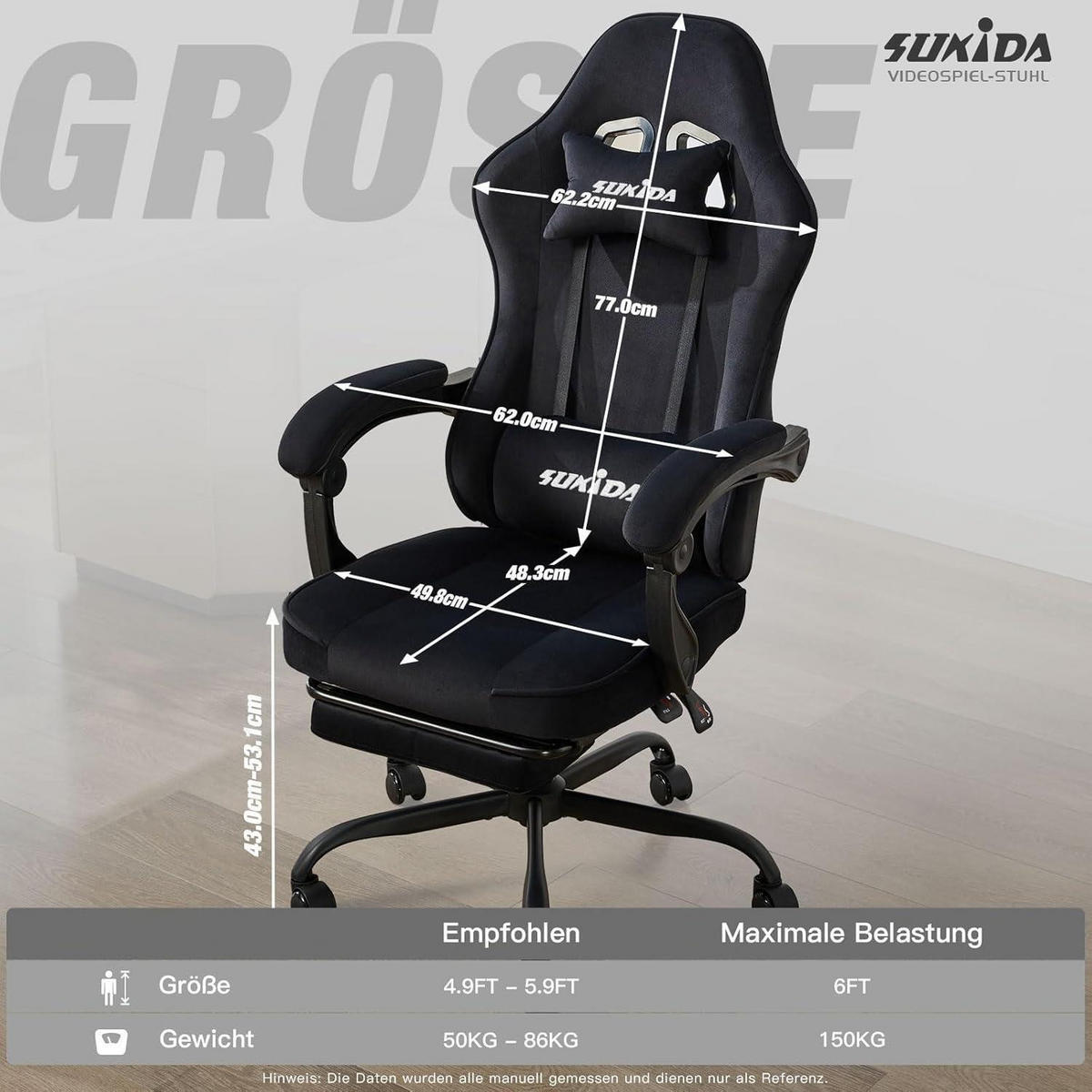 GAMING Stuhl Stoff mit Fußstütze und Lordosenstütze, schwarz - Schwarz, Textil (57/45/52cm)