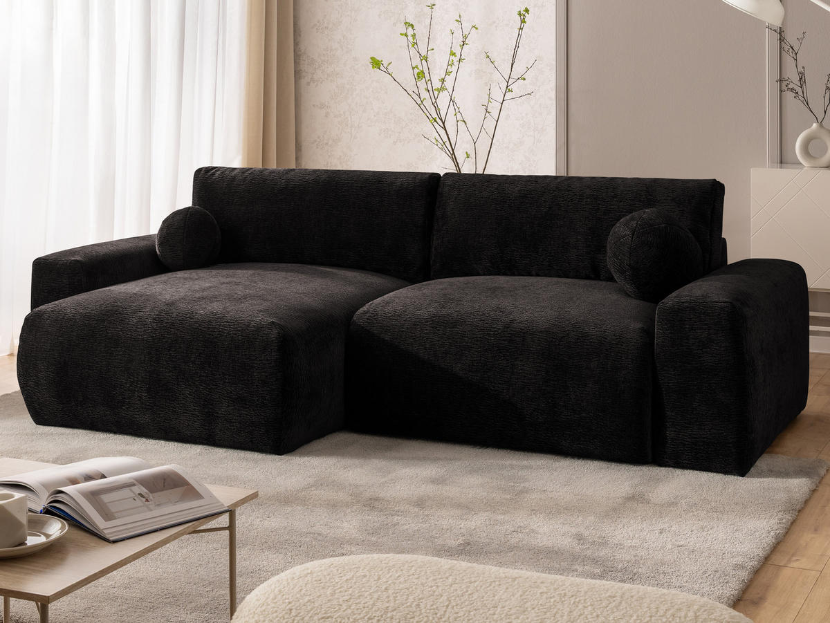 ECKSOFA Puffy mit Schlaffunktion und Bettkasten - besonders weich und puffig aus Braun Stoff mit Chenillestruktur - Ottomane links - Schwarz/Braun, Holz/Kunststoff (138/266cm) - S-Style Möbel