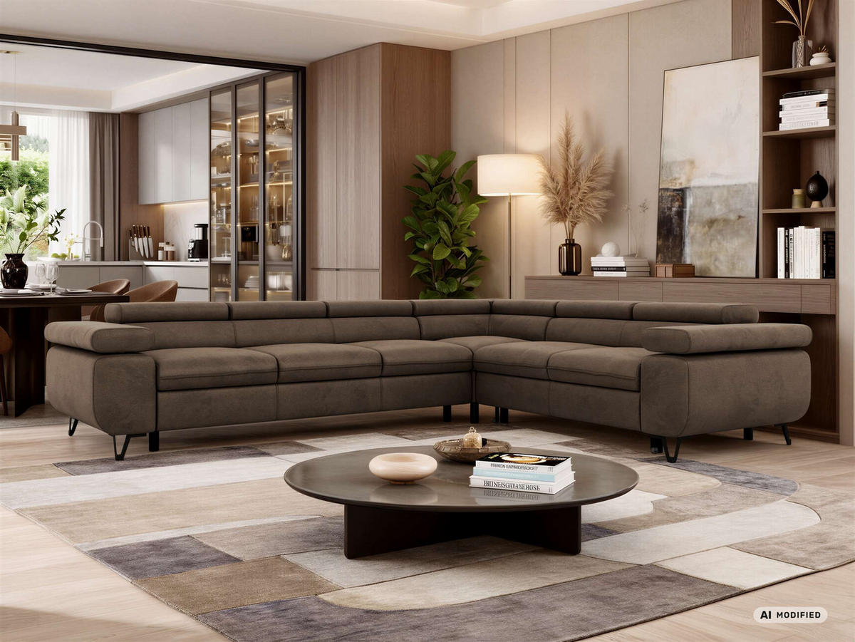ECKSOFA NORDEN L - Braun Velvet - Links Seite - Dunkelbraun/Schwarz, Textil/Metall (269/329cm) - MKS