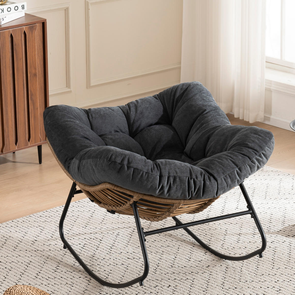 SCHAUKELSTUHL Schwarz Chenille, Metallrahmen - Schwarz, Textil (107/83/95cm) - Oxeza