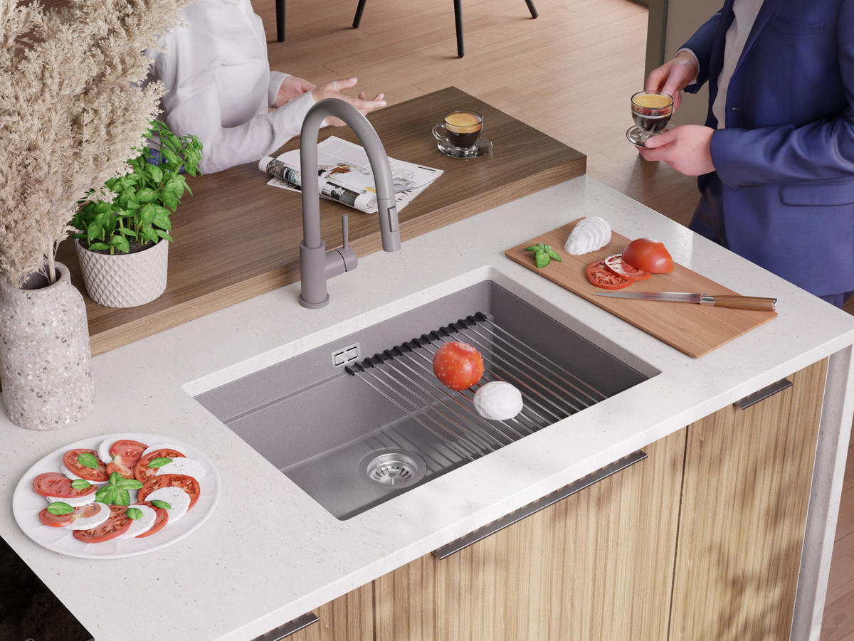 UNTERBAUSPÜLE GRANIT Praga, 2-er set Grau 66/47 cm 1 Becken + Ablauf-Set + Aufrollbare Abtropffläche ab 70er Unterschrank - Chromfarben/Grau, Kunststoff (66/20/47cm) - Primagran