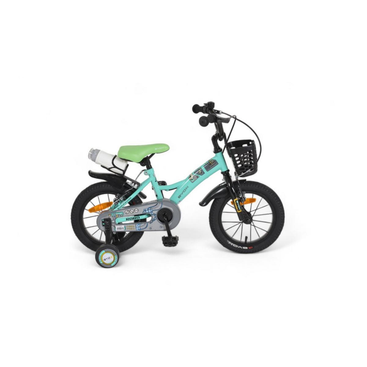KINDERFAHRRAD Robo 14 Zoll türkis Frontkorb, Getränkehalter, Stützräder, Kettenschutz, Flaschenhalter - Türkis, Metall (65cm)