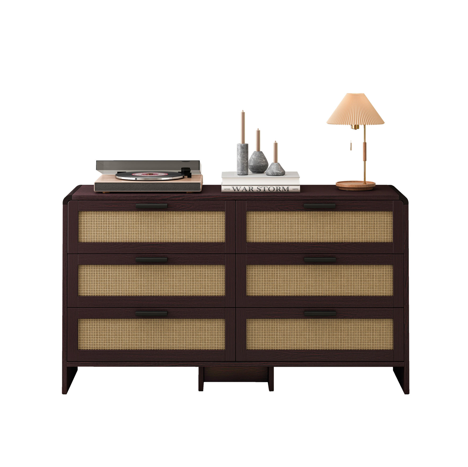 KOMMODE 130 cm aus Holzwerkstoff mit 6 Schubladen und Rattangeflecht Rotbraun - Braun, Holzwerkstoff (130/74/40cm) - Modenvie