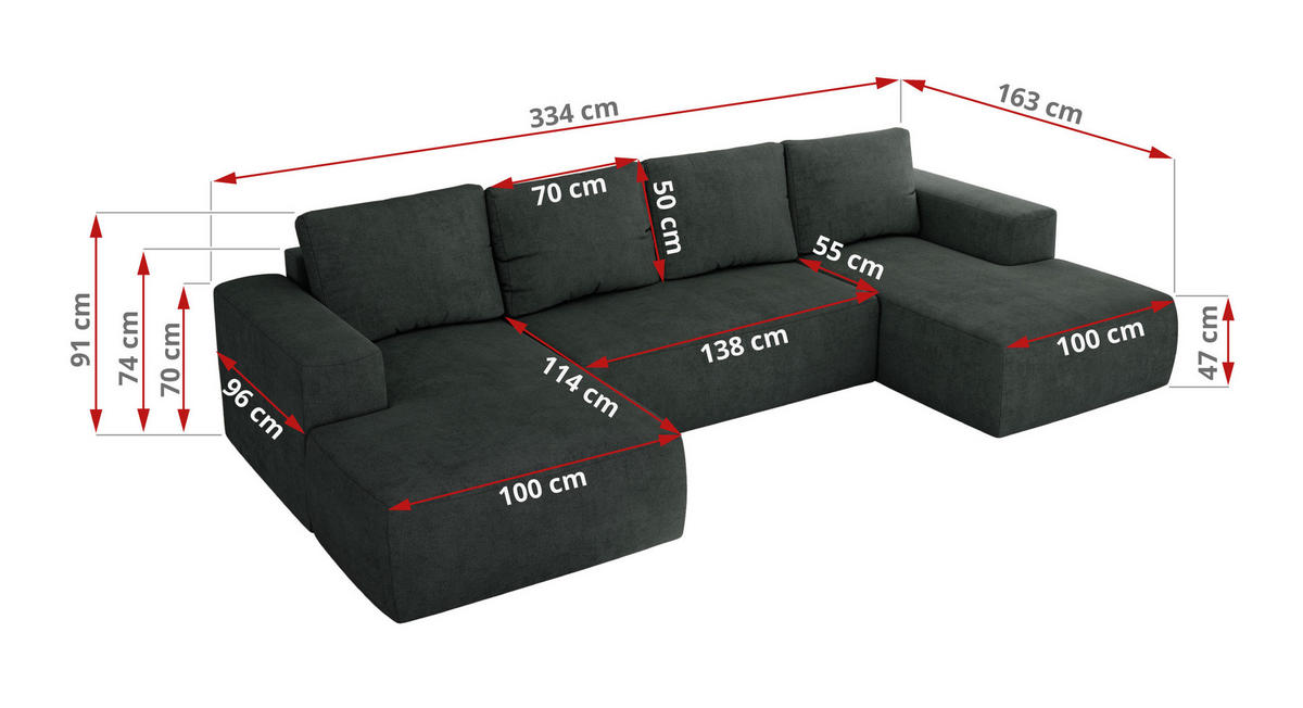 WOHNLANDSCHAFT TRENTINO U Dunkelgrau Struktur - Dunkelgrau, Textil (334/91/163cm) - MKS