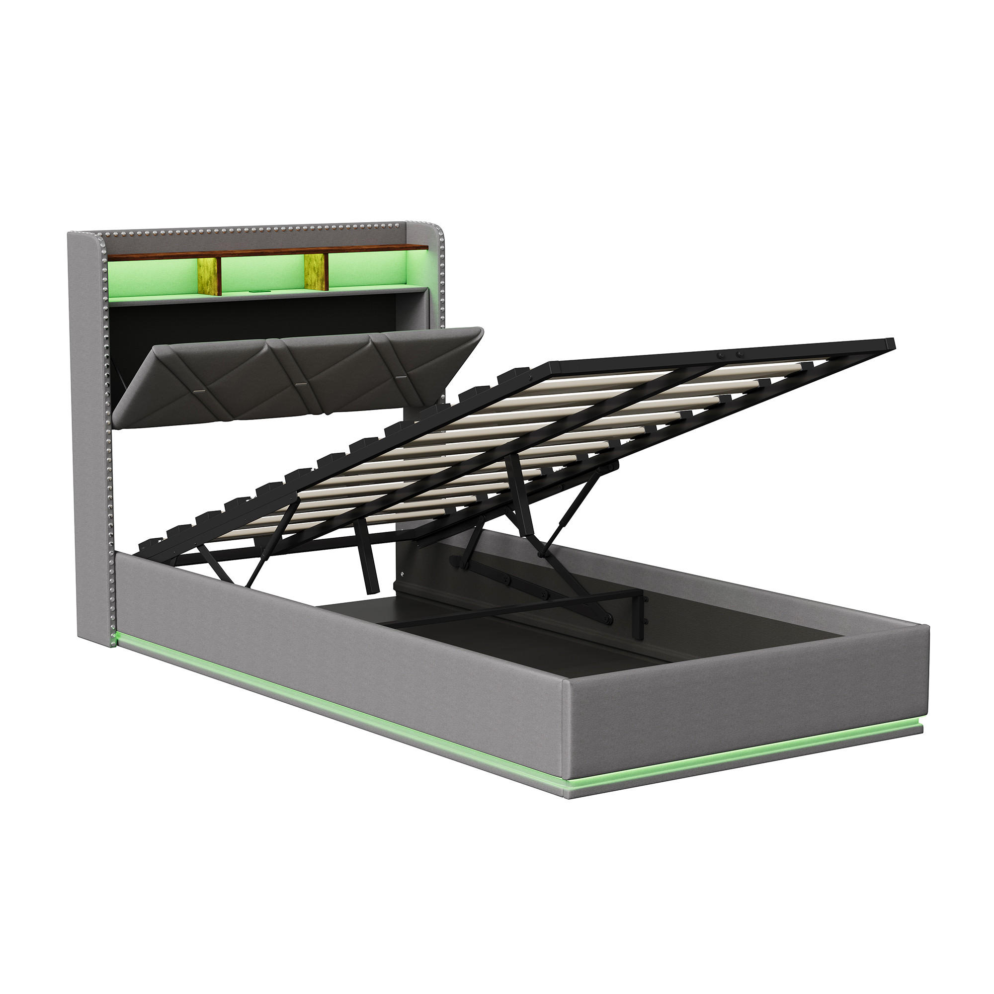 POLSTERBETT 90/200 cm, in Dunkelgrau Leinenstoff, Einzelbett, Hydraulischer Stauraum, led Kopfteil, USB Ladestation - Dunkelgrau, Metall (90/200cm) - BPKADHY