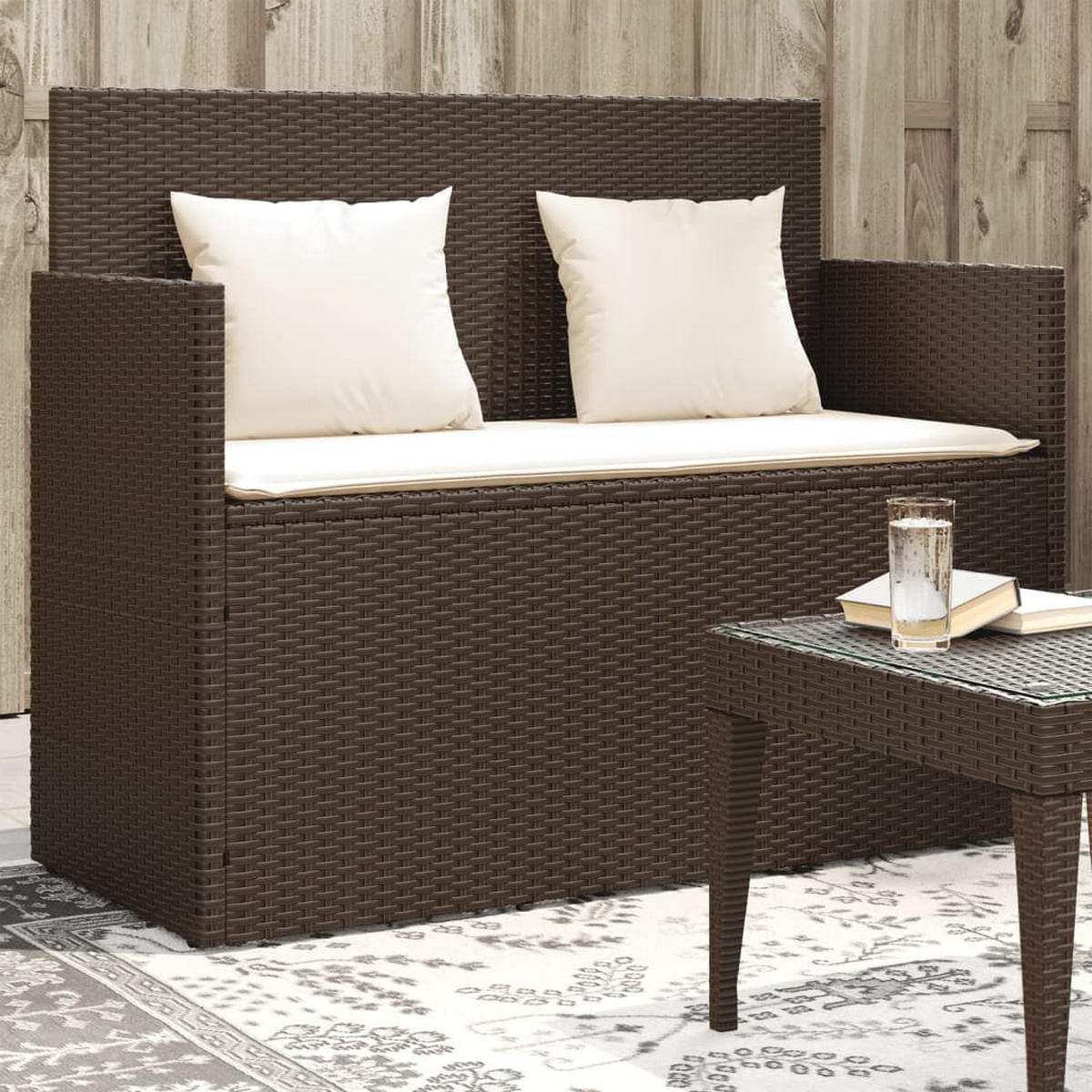 GARTENBANK mit Kissen Braun Poly Rattan - Braun, Kunststoff (120/90.5/50cm) - furnicato