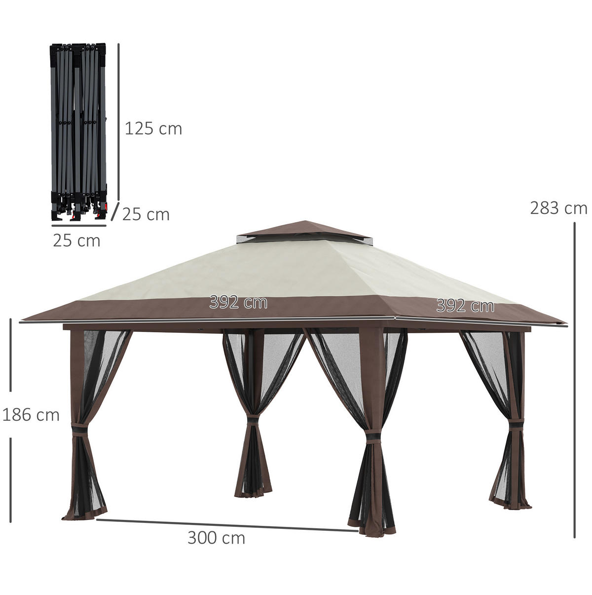FALTPAVILLON 392/392/283 cm höhenverstellbar mit UV50+ und wasserfestem Dach, Beige - Beige, Textil (392/283/392cm) - Redom