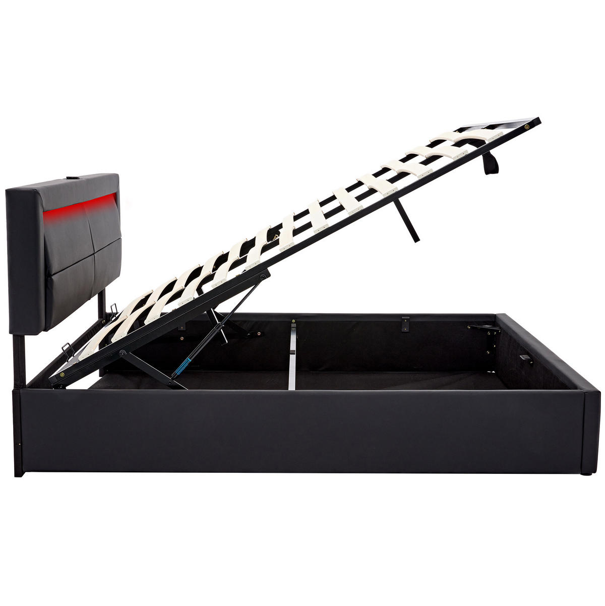 POLSTERBETT 140/200 cm mit LED-Beleuchtung, USB und Bettkasten in Schwarz - Schwarz, Kunststoff (140/200cm) - BEAOK
