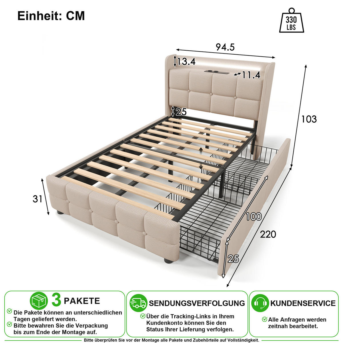 POLSTERBETT 90/200 cm in Beige Stoff mit 2 Schubladen, LED, USB, Steckdosen und Matratze - Beige, Holzwerkstoff/Textil (90/200cm) - CHICFURN