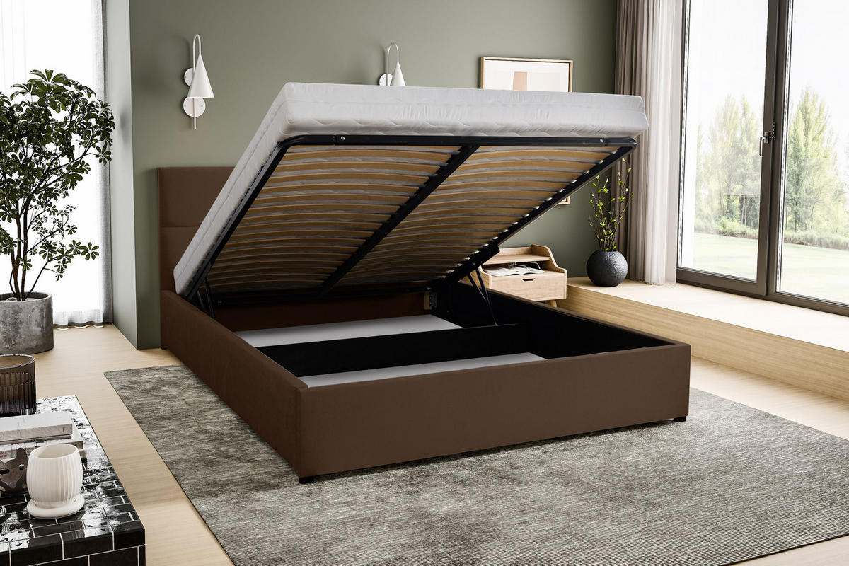 POLSTERBETT BETTY mit Kopfteil, 180 x200 cm, Doppelbett mit Bettkasten und Lattenrost aus Velourstoff, Velourstoff, Frabe: Braun - Braun, Holz/Kunststoff (180/200cm) - VENASI MÖBEL