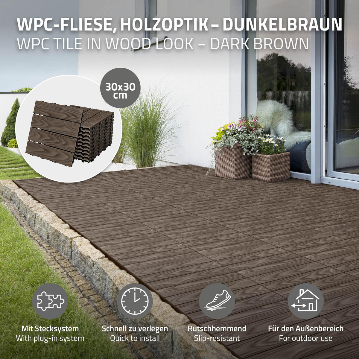 TERRASSENFLIESE Dunkelbraun 22 Stück - Dunkelbraun, Holzwerkstoff (30/30/2.1cm) - ML-DESIGN