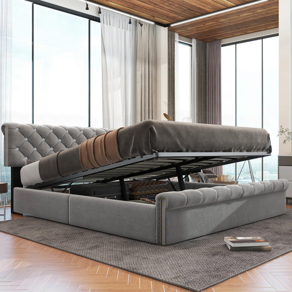 POLSTERBETT 180/200 cm grau mit höhenverstellbarem Kopfteil und Lattenrost - Grau, Textil (180/200cm) - OKWISH