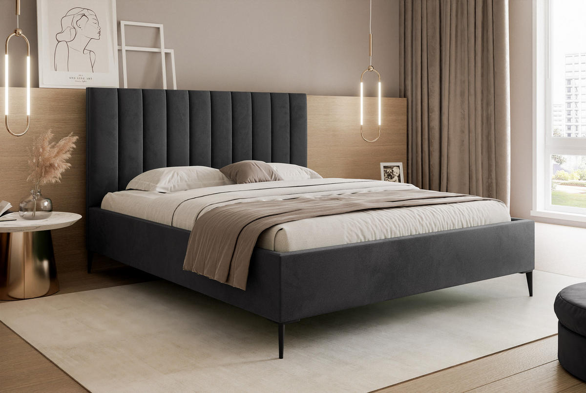 POLSTERBETT Mona SLIM III Polsterbett für Ihr Schlafzimmer in VELUTTO Stoff - 200x200 cm Graphit - Graphitfarben/Schwarz, Holz/Holzwerkstoff (200/200cm) - DomoHome