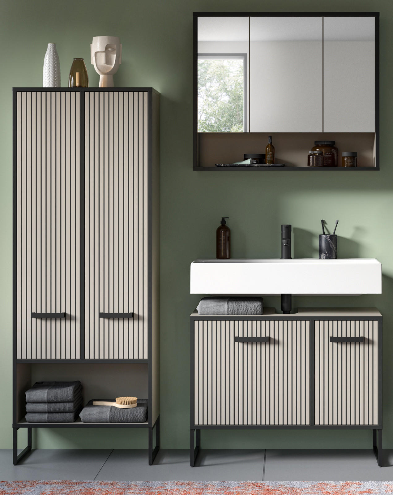 BADMÖBEL-SET 3-teilig Scana in schwarz, sand 154 cm, Kombination mit Soft-Close - Sandfarben/Schwarz, Glas/Holzwerkstoff (154/192/36cm) - Inn.Furn