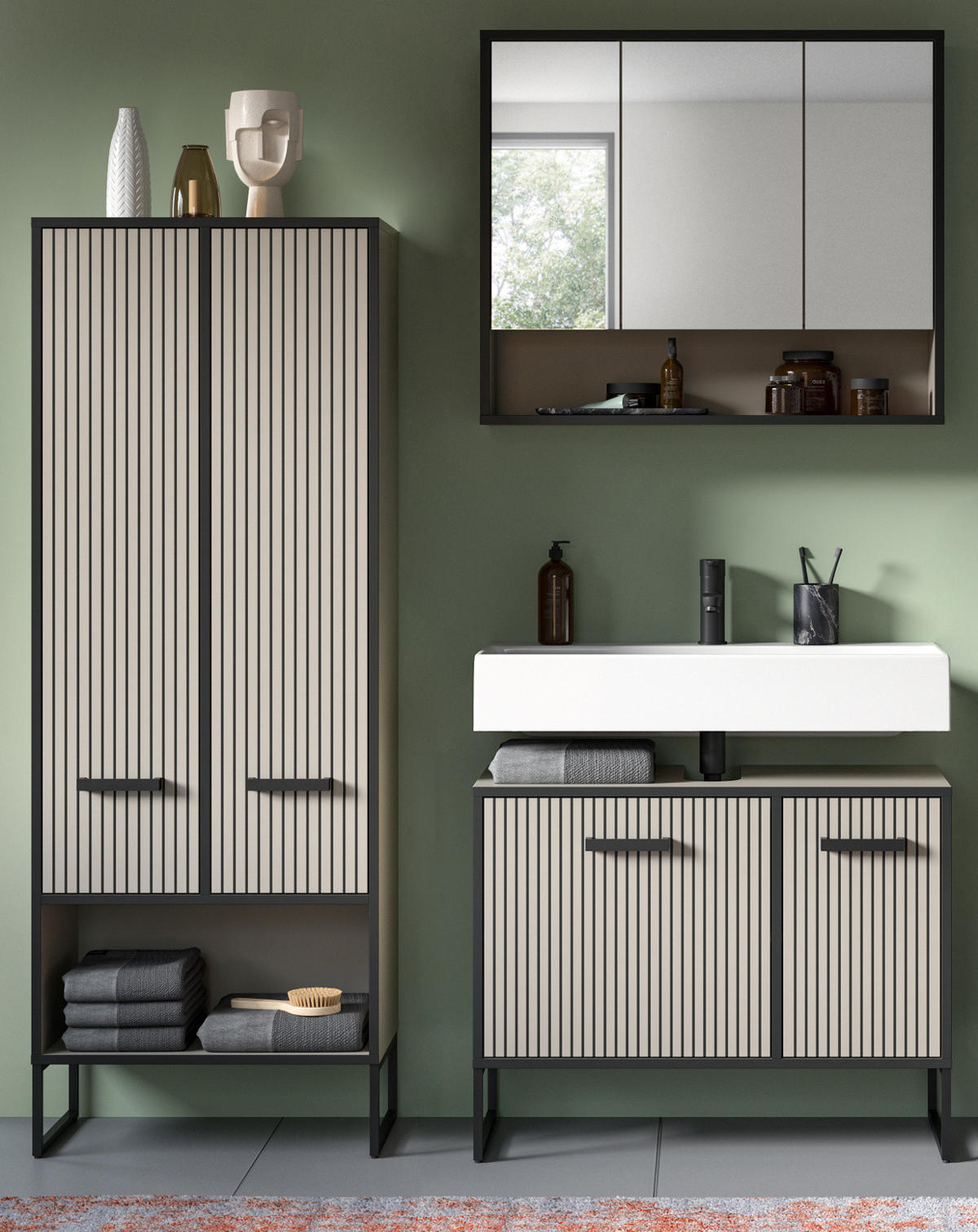 BADMÖBEL-SET 3-teilig Scana in schwarz, sand 154 cm, Kombination mit Soft-Close - Sandfarben/Schwarz, Glas/Holzwerkstoff (154/192/36cm) - Inn.Furn