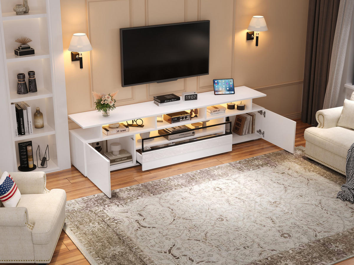 TV-LOWBOARD 180/38/45 cm mit LED-Beleuchtung, 2 Türen, 1 Schublade und Hochglanzfront, Weiß - Weiß, Holzwerkstoff (180/45/38cm) - Redom
