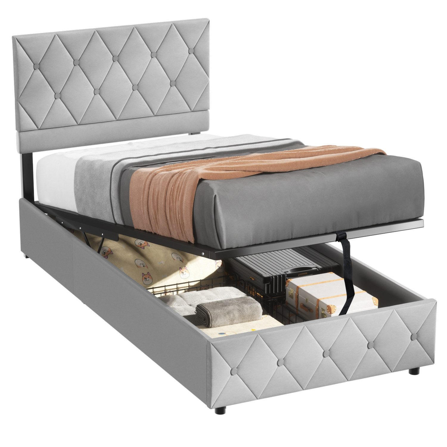 OKWISH ČALOUNĚNÁ postel 90/200 cm šedá s hydraulickým úložným prostorem ze sametu