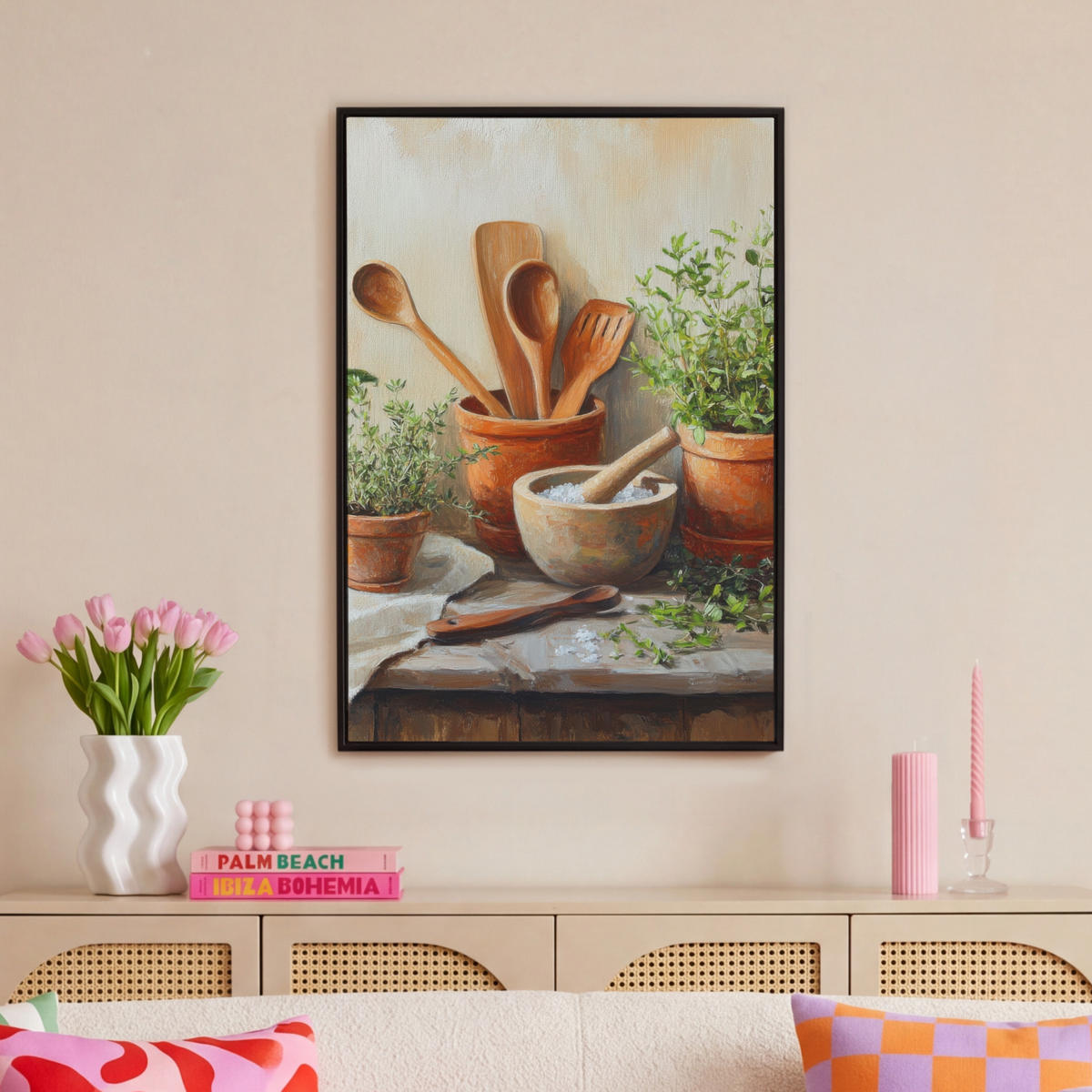 LEINWAND Bilder mit Rahmen - Töpfe - Kräuter - Holz - 60x90 - Terracotta, Textil (60/90cm) - MuchoWow