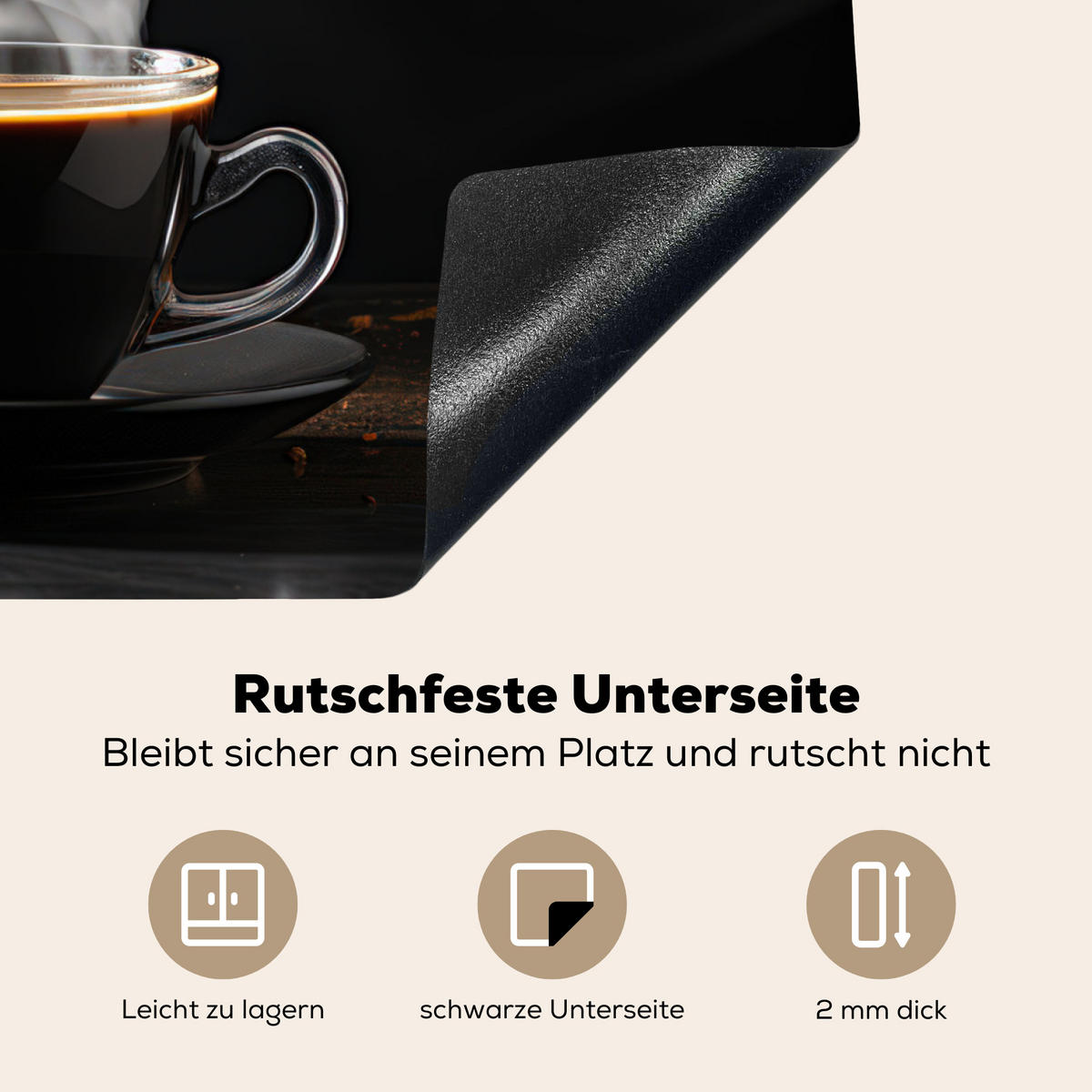HERDABDECKPLATTE Kaffee - Schwarz - Bohnen - Heiß - Tasse Herdabdeckung Induktionsfeld 65x52 cm - Schwarz, Kunststoff (65/52/0.2cm) - MuchoWow