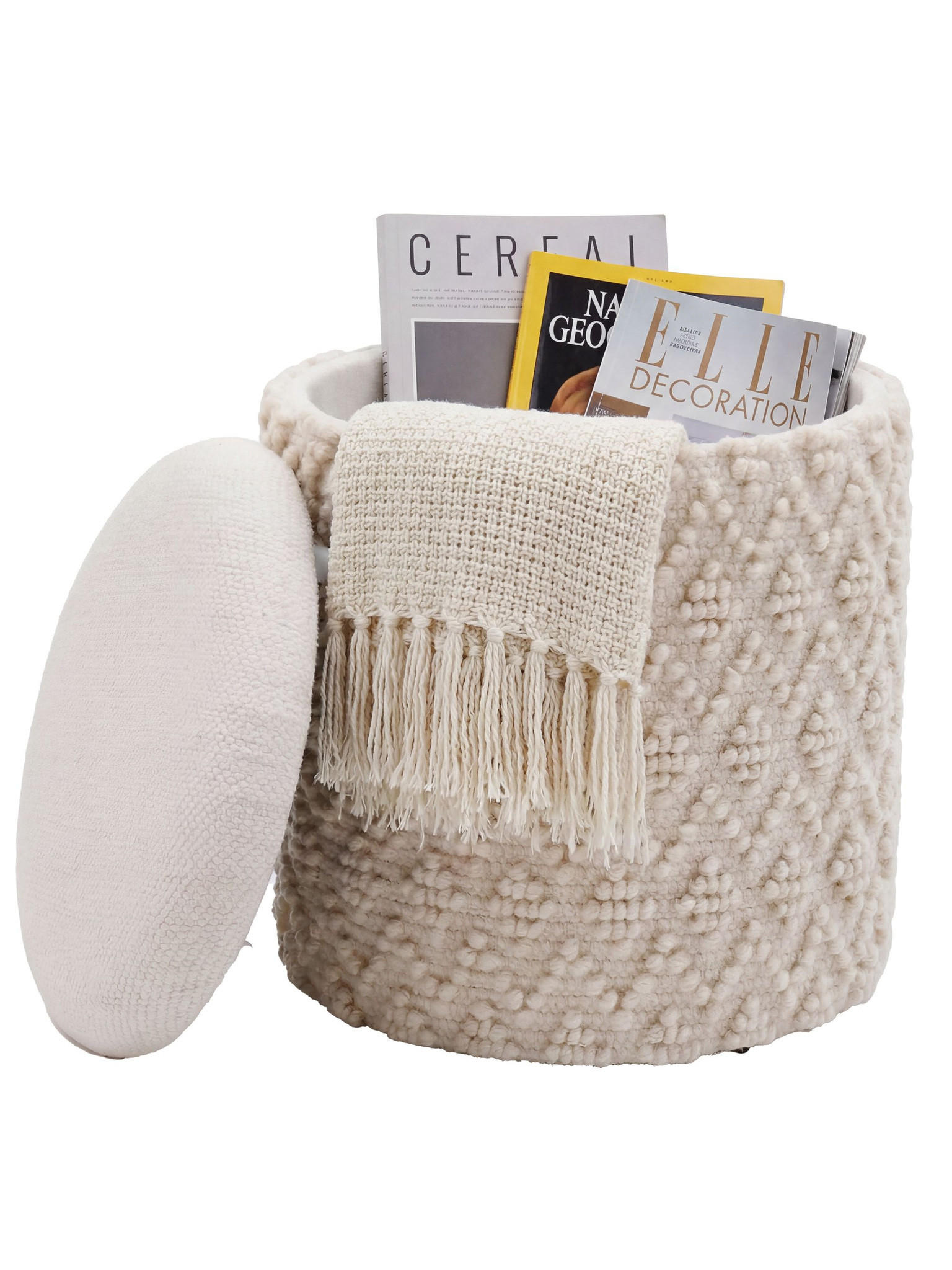 SITZHOCKER RHONE, Stoff, mit Textilbezug, mit Noppenstruktur, Creme, Ø 40 x 45 cm - Beige/Creme, Textil (40/45/40cm) - KADIMA DESIGN