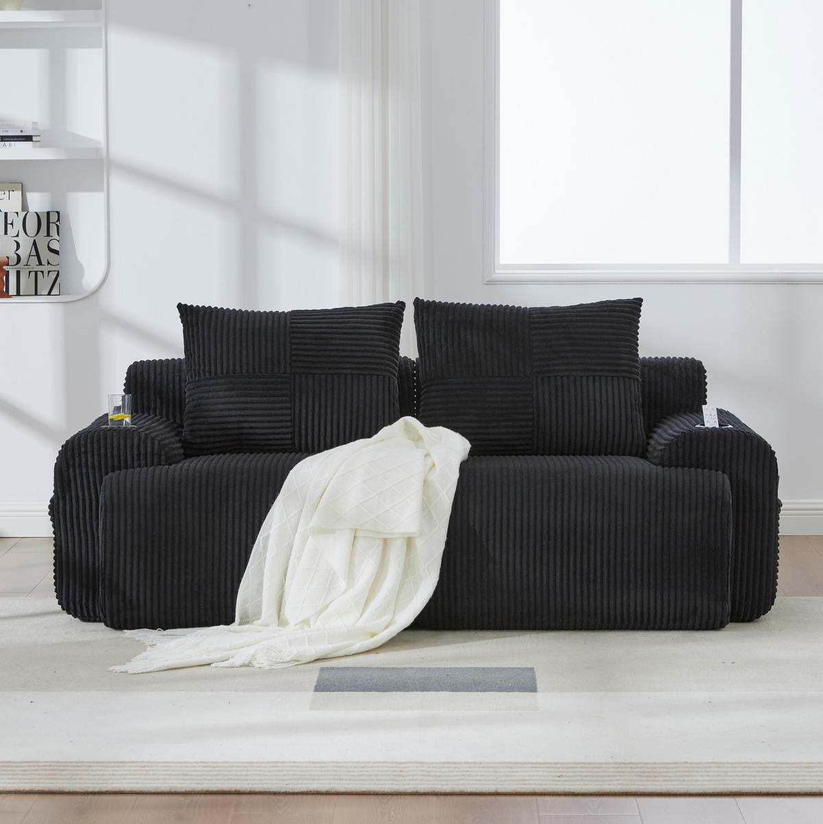 SOFA 2-Sitzer mit Cupholder 200 x 99 x 80 cm Cord Black - Schwarz, Kunststoff (99/80/200cm) - Meubliv
