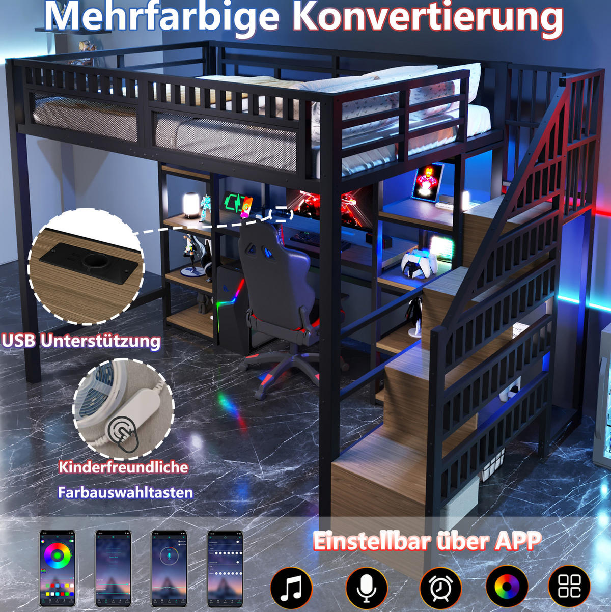 HOCHBETT 140/200 cm aus Metall mit Schreibtisch, Stauraumleiter und LED-Lichtleiste Schwarz - Schwarz, Metall (140/200cm) - Modenvie