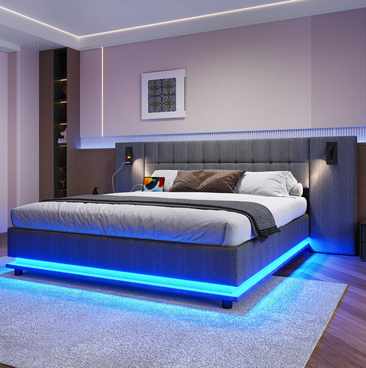 POLSTERBETT 180/200 cm Grau aus Leinen mit LED-Leiste und USB - Grau, Textil (180/200cm) - OKMYHOME