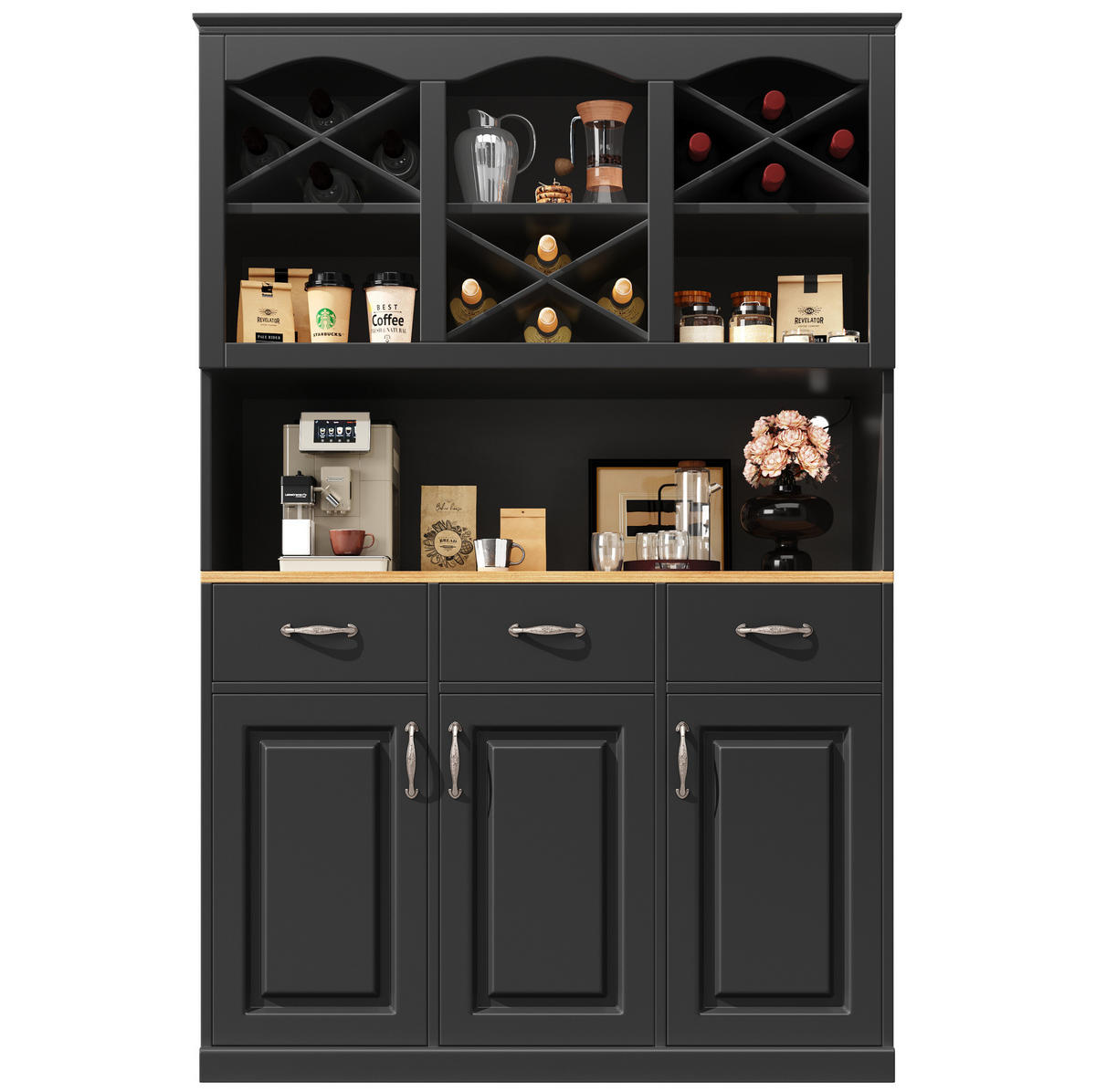 BUFFET 120/40/180 cm in Schwarz mit 3 Türen, 3 Schubladen und LED-Beleuchtung - Schwarz, Holzwerkstoff (120/180/40cm) - Flora Grace