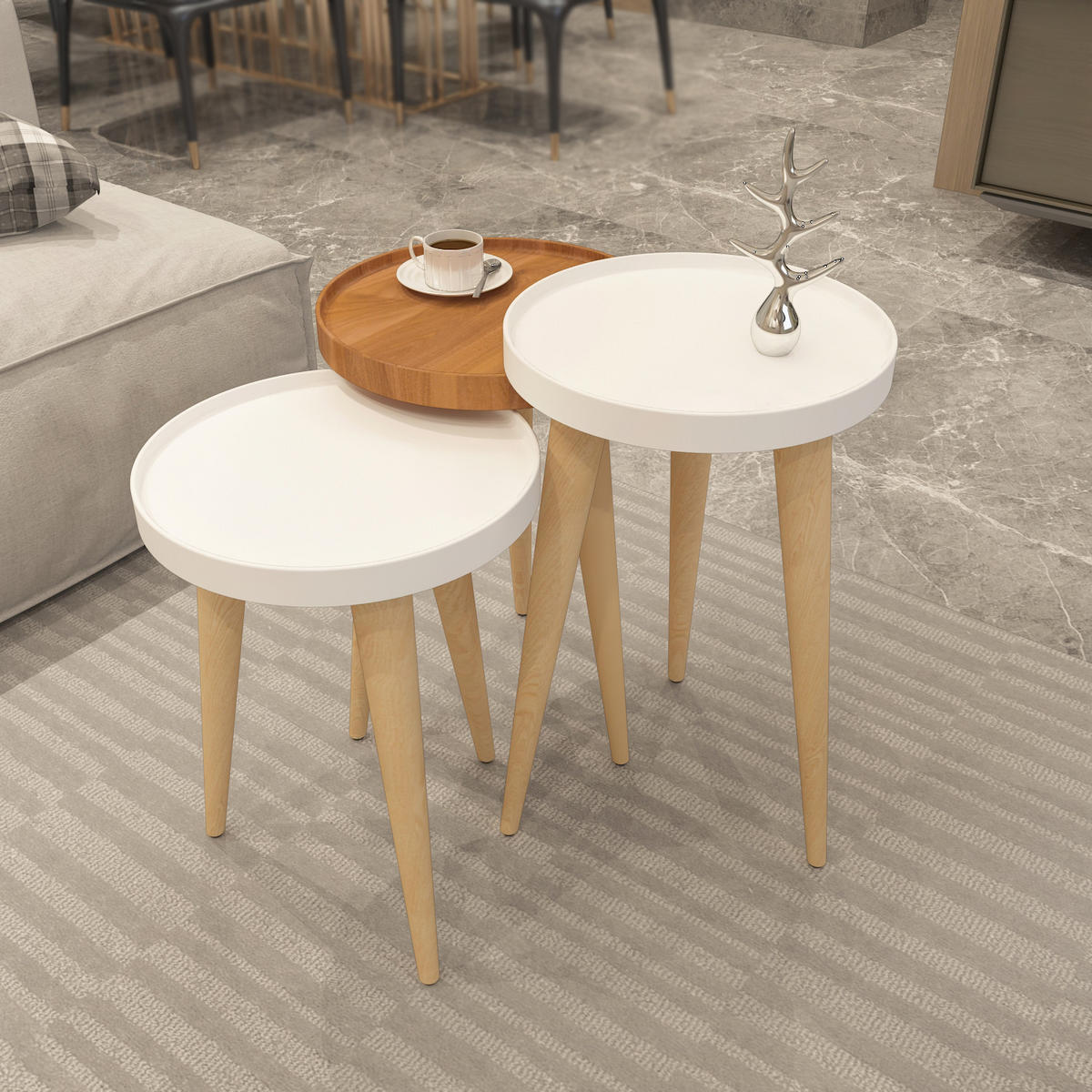 BEISTELLTISCH Piscina 3-teilig Tisch Walnussbraun Weiß - Weiß/Baltimorefarben, Holzwerkstoff (34.5/34.5/56cm) - Decorotika