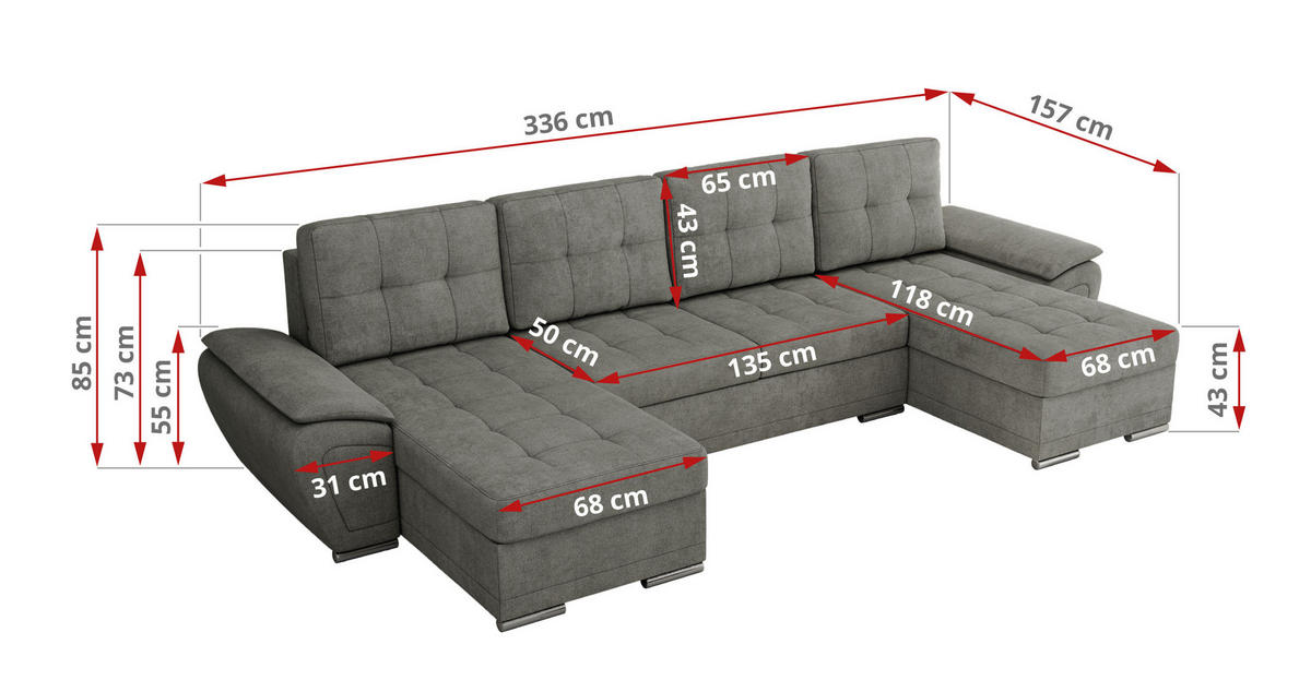WOHNLANDSCHAFT UMBRIA U Grau Stukture - Grau, Textil/Metall (336/85/157cm) - MKS