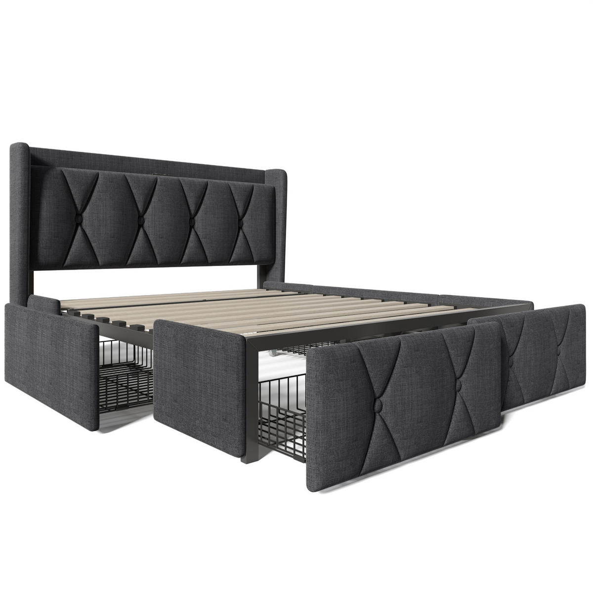 POLSTERBETT aus Leinenstoff 140x200 cm Grau mit 4 Schubladen, Steckdosen und USB-Anschlüssen - Grau, Textil (140/200cm) - IVMEU