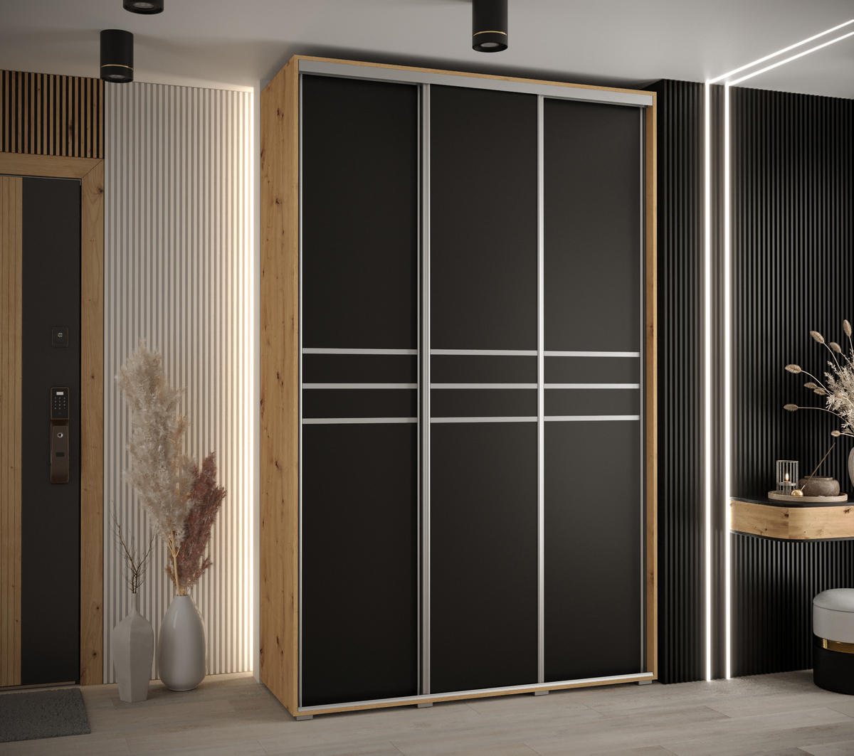 SCHWEBETÜRENSCHRANK 235,2/160/60 3-türig - Silberfarben/Schwarz, Holz/Metall (160/235/60cm) - Abiks Möbel