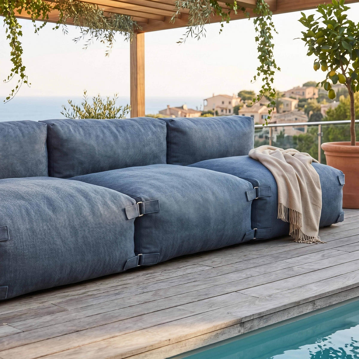 GARTENSOFA mit 4 Sitzplätzen, Pazifikblau - Blau, Textil - Oviala