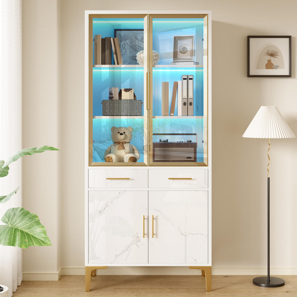 VITRINE mit Glastüren, LED und 2 Schubladen - Weiß, Holzwerkstoff (75/170/38cm) - FLIEKS