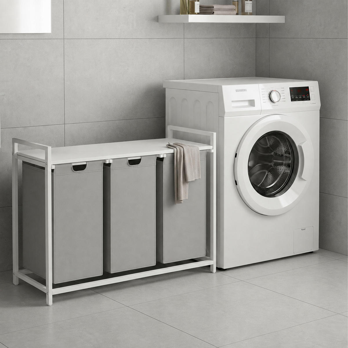 COȘ Alb de rufe 3 compartimente - gri deschis/alb, material textil/compozit lemnos (109.5/73.5/33cm) - Relaxdays