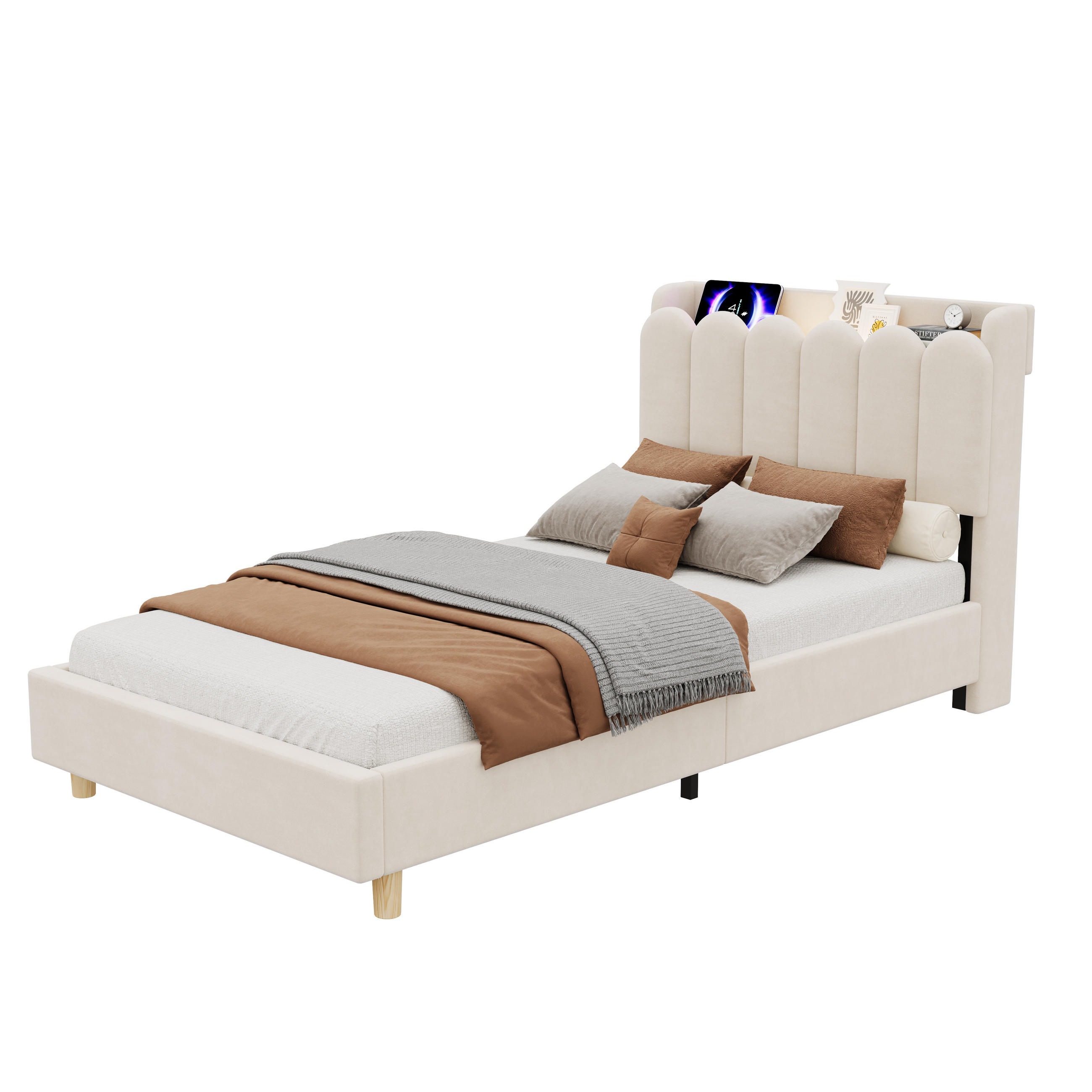POLSTERBETT 90/200 cm in Beige Samt mit Leselampe, USB und Type-C, gepolstertem Kopfteil und Stauraum - Beige/Naturfarben, Holzwerkstoff/Textil (90/200cm) - STILVORA
