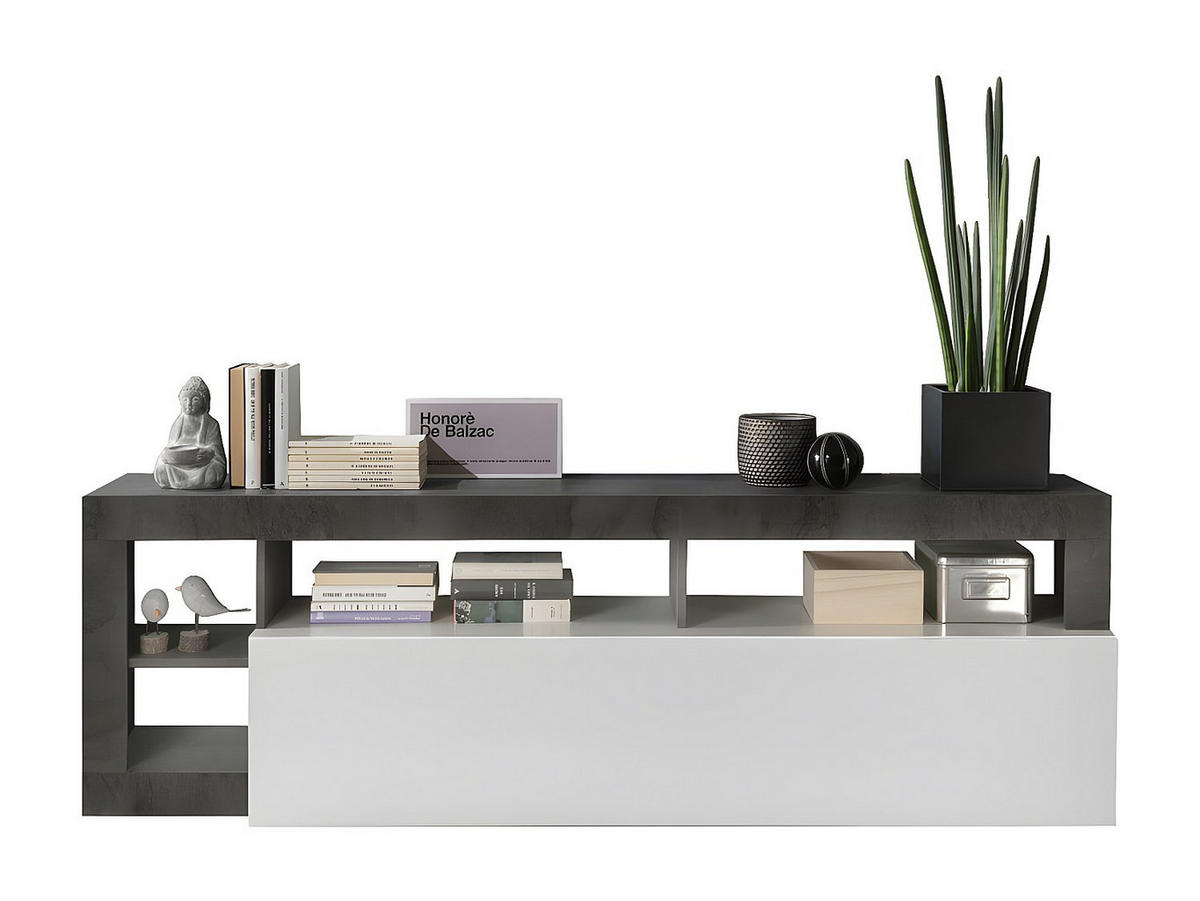 TV-MÖBEL mit 1 Tür & 4 Ablagen - Weiß lackiert & Beton-Optik - SEFRO - Grau, Holz (42/58/184cm) - Vente-Unique