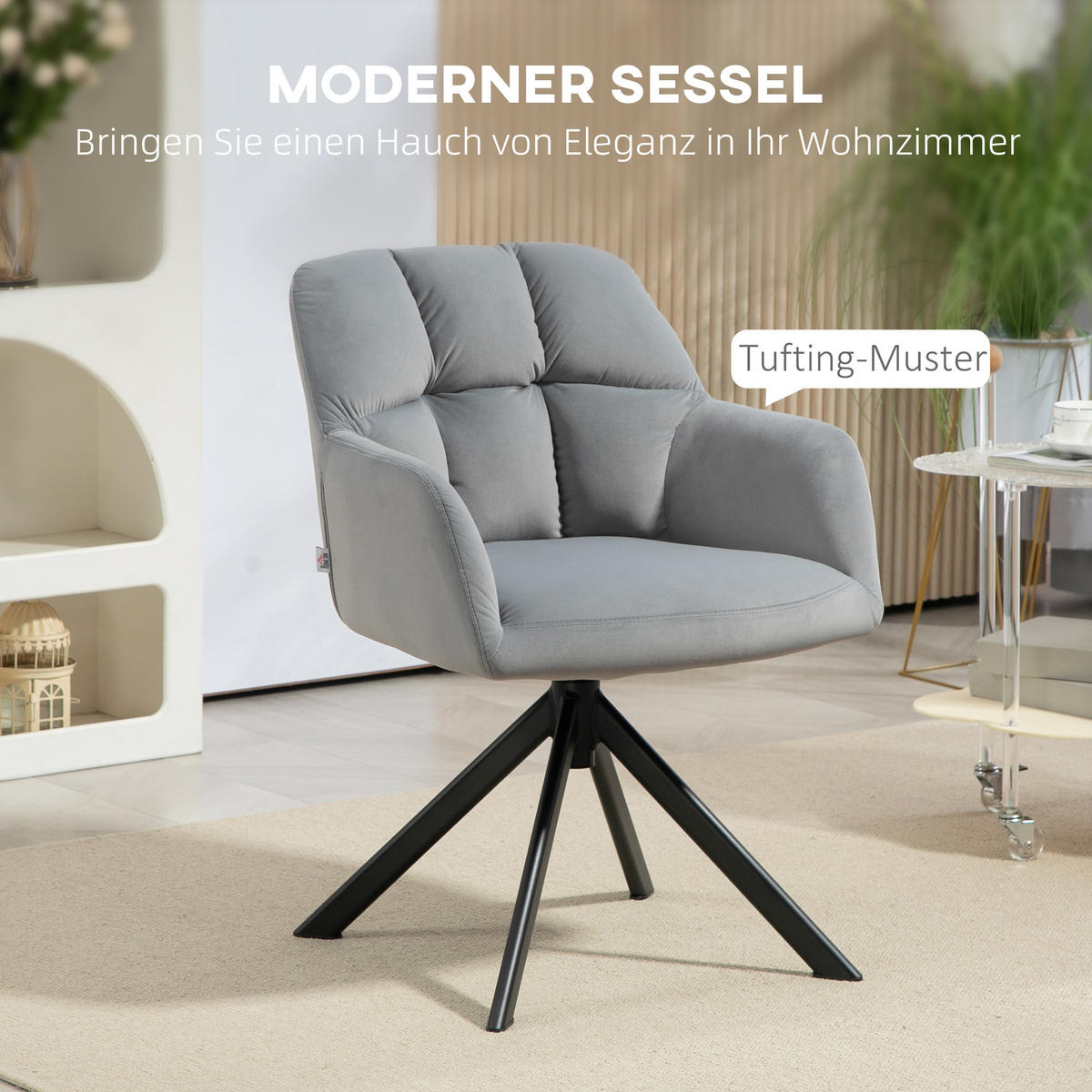 SESSEL Drehbarer Loungesessel mit Samtoptik, Armlehne, für Schlafzimmer - Grau, Kunststoff (59/78.5/58.5cm) - HOMCOM