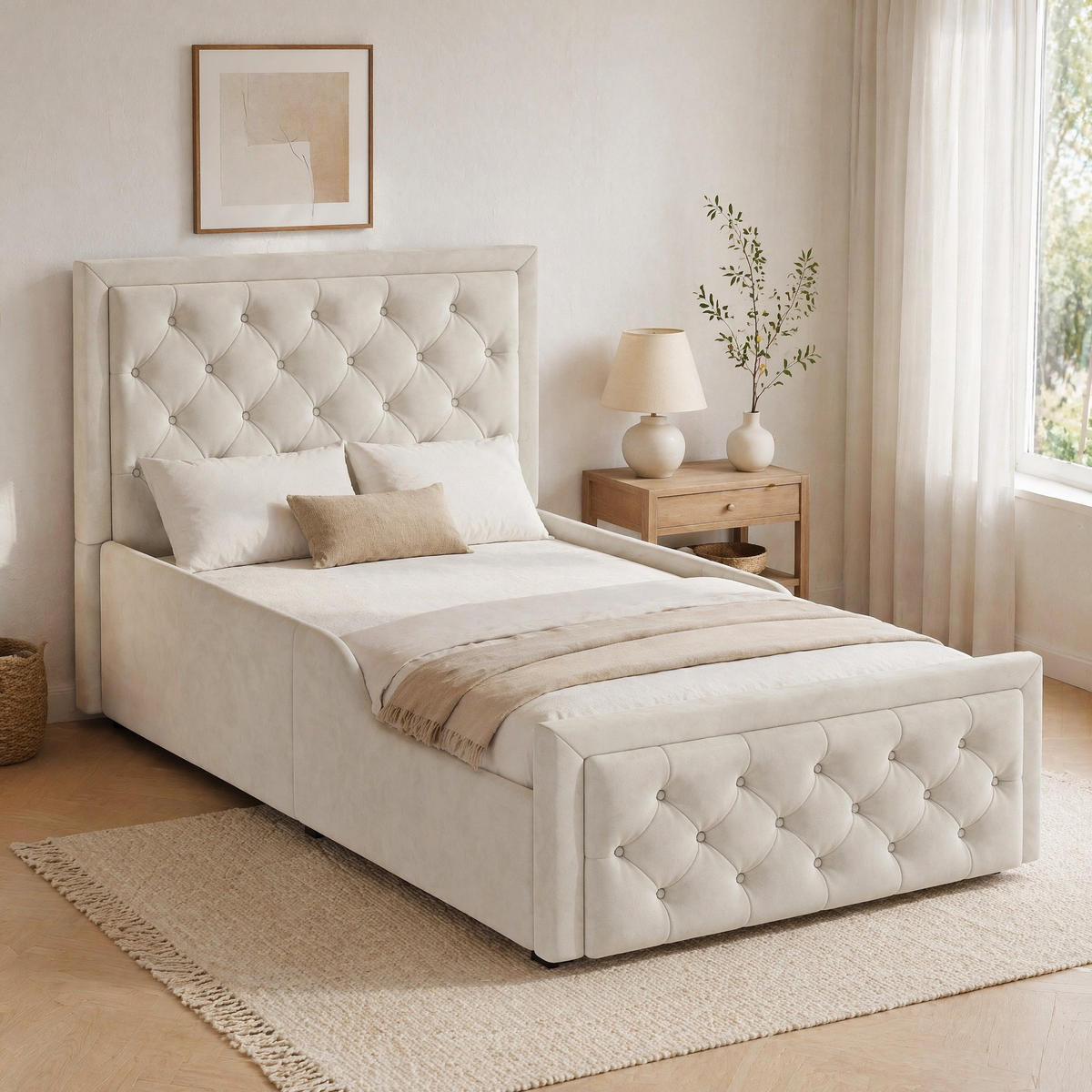 POLSTERBETT 90/200 mit Bettkasten, hydraulischem Stauraum und gepolstertem Kopfteil in Beige - Beige, Holzwerkstoff/Textil (90/200cm) - EVRYAE
