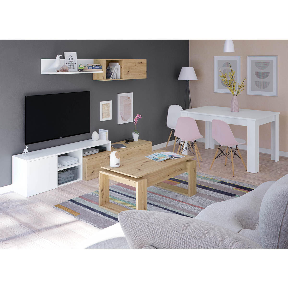 DESIGN Couchtisch mit hochklappbarer Tischplatte L102 cm - Ciara - Eiche Artisan, Holzwerkstoff (102/50/43cm) - Calicosy