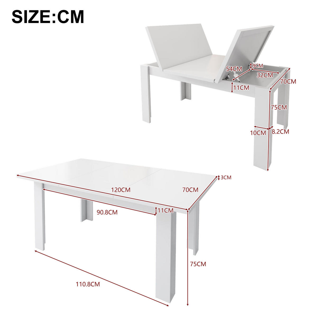 ESSTISCH 120/70/75 cm weiß mit verstecktem Stauraum - Weiß, Holzwerkstoff (120/70/75cm) - OKWISH