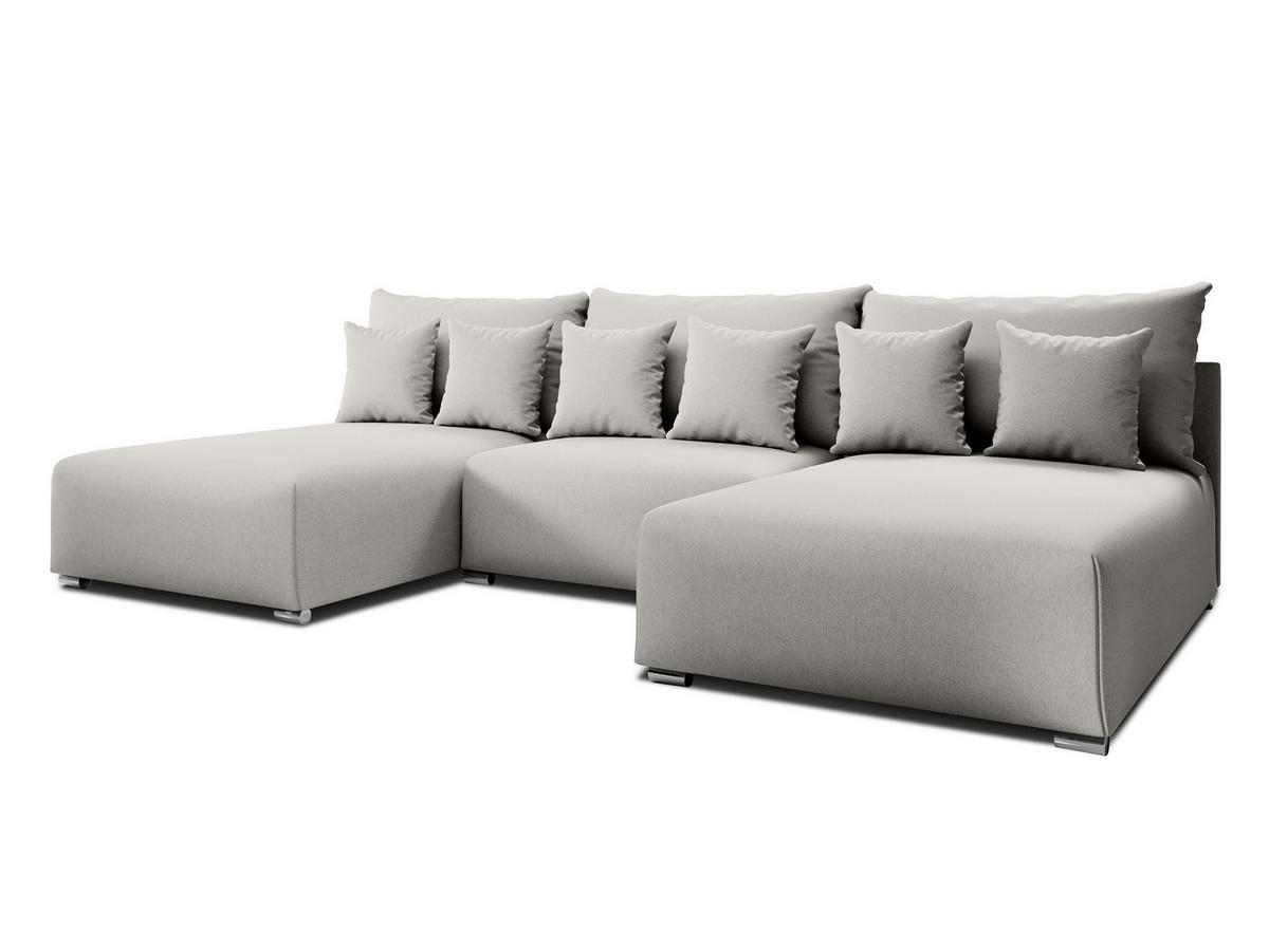 WOHNLANDSCHAFT Ederra U Hellgrau Stoff 300/190/91 cm – großes Sofa mit Schlaffunktion - Silberfarben/Hellgrau, Textil/Metall (300/91/190cm) - AX Living