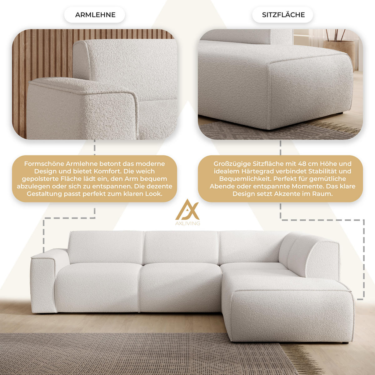 ECKSOFA L Form Didim Weiß 292/220/78 cm – großes Sofa stilvoll & bequem R - Schwarz/Weiß, Kunststoff/Textil (292/220cm) - AX Living