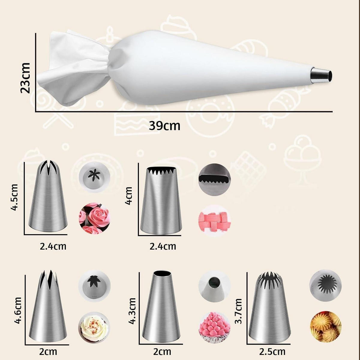 SPRITZBEUTEL-SET 6-teilig mit Edelstahltüllen - Weiß, Textil (23/1/39cm)