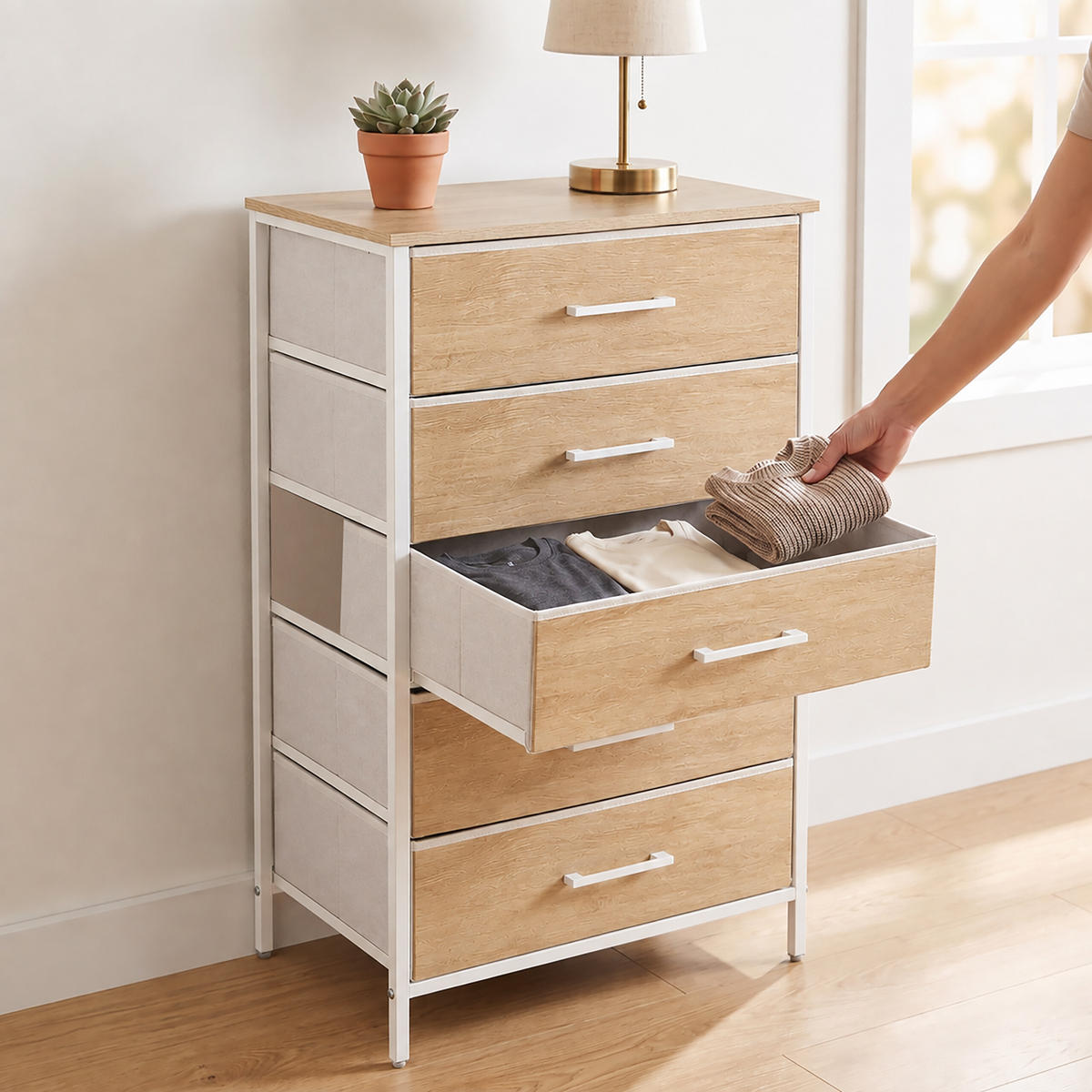 KOMODA Drvni dekor-Bijela 5 ladica - svijetlo smeđa, drvni materijal/metal (45/94/30cm) - Relaxdays